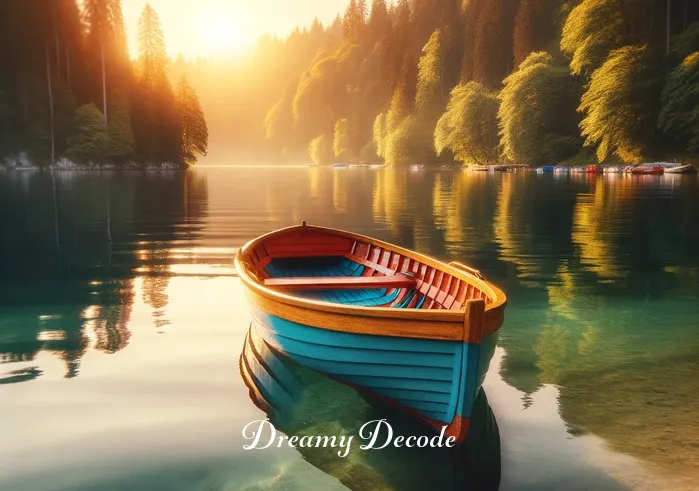 boat dream meaning _ A small, brightly colored wooden boat gently floats on a calm, crystal-clear lake, surrounded by lush green trees. The sun is setting in the background, casting a warm, golden glow over the serene landscape.