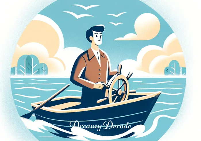 boat dream meaning _ The boat is now moving smoothly across the lake, guided by a gentle breeze. A person stands at the helm, confidently steering, their face relaxed and content, symbolizing self-guidance and direction in life.