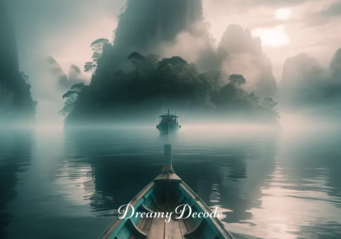 boat dream meaning _ The scene shifts to the boat approaching a mysterious, fog-covered island. The atmosphere is tranquil yet full of anticipation, hinting at the unknown and the journey of self-discovery.