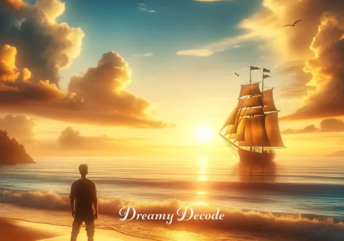 dream boat meaning _ A tranquil scene depicts an individual standing on a serene beach, gazing out at the ocean where a beautiful boat sails in the distance. The boat, bathed in the golden glow of sunrise, seems almost dreamlike, symbolizing aspirations and the beginning of a journey.