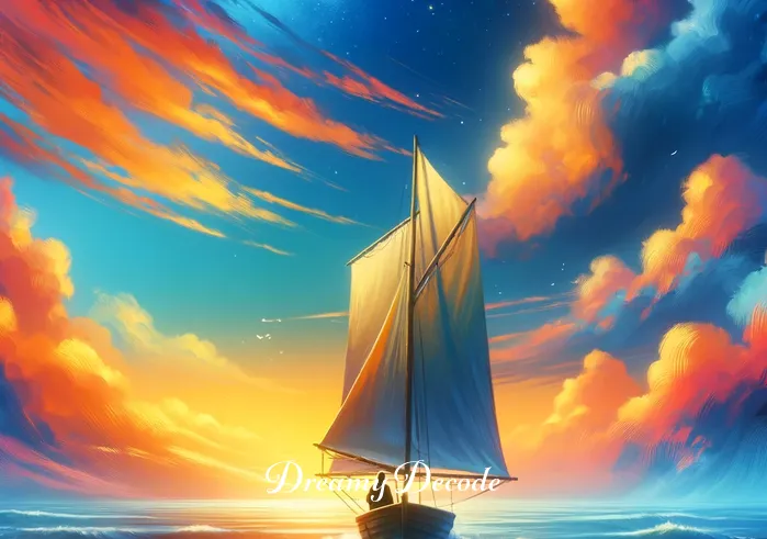 dream boat meaning _ The next image illustrates the same individual, now onboard the boat, navigating through calm waters. The sky is a vibrant canvas of orange and pink hues, reflecting the person