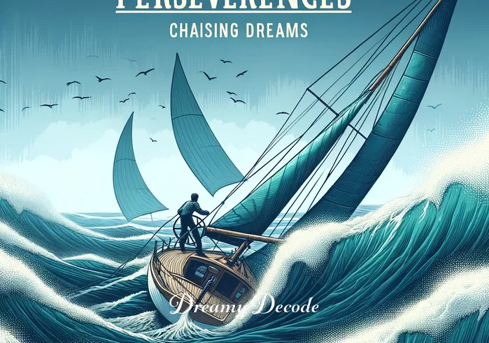 dream boat meaning _ Transitioning to a slightly more challenging scenario, the boat is seen navigating through a mildly turbulent sea. The individual, determined and focused, steers the boat with confidence, symbolizing the perseverance needed to chase dreams despite obstacles.