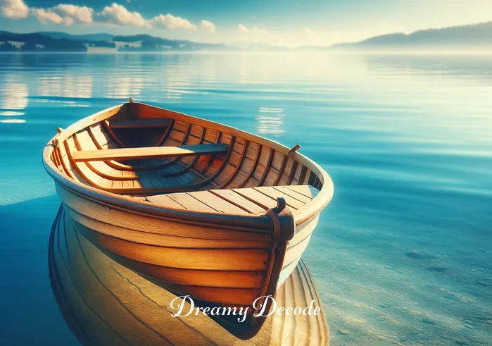 dream meaning boat _ A small wooden boat gently drifting on a calm, clear lake under a bright blue sky. The boat is empty, symbolizing the beginning of a journey or the start of a new endeavor in the dreamer