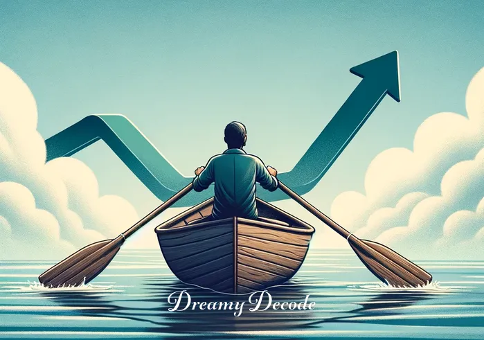 dream meaning boat _ A person sitting in the same wooden boat, now rowing with a single oar. The water remains calm, and the sky is dotted with a few fluffy clouds. This represents progress and the dreamer
