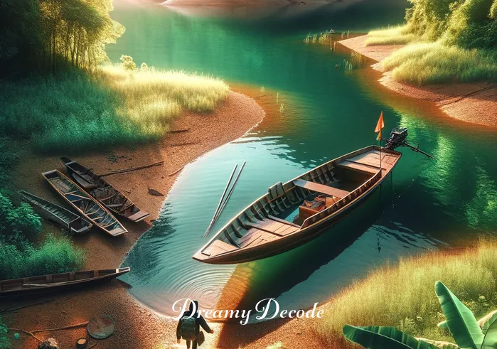 dream meaning boat _ The boat is now moored at the riverbank, surrounded by vibrant greenery. The person steps out of the boat onto the land, signifying arrival at a destination or the realization of a dream. The scene conveys a sense of accomplishment and fulfillment.