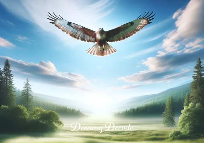 hawk attack dream meaning _ A serene landscape with a clear blue sky, where a majestic hawk is seen soaring high above a tranquil meadow. The hawk