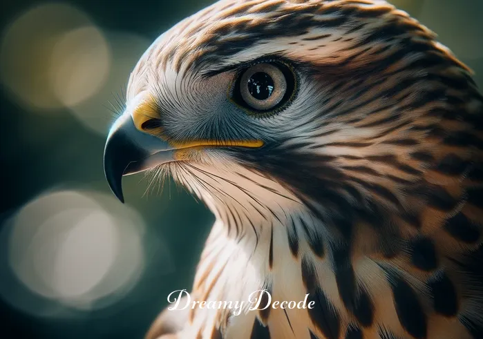 hawk attack dream meaning _ A close-up view of the hawk from the previous scene, now intently focused on something in the distance. Its sharp eyes and alert posture convey a sense of keen observation and awareness, reflecting the dream