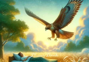 hawk attack dream meaning _ A final scene where the hawk gently lands near the dreamer, without any aggression or fear. The interaction is peaceful, suggesting resolution and understanding in the dream context. The hawk's presence symbolizes strength and protection, concluding the dream sequence on a note of empowerment and guidance.