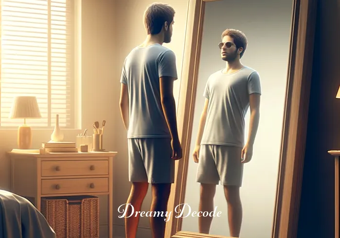 body swap dream meaning _ A person standing in front of a mirror, looking surprised as their reflection shows a different person. This image symbolizes the initial realization of a body swap in a dream, capturing the moment of unexpected self-discovery.