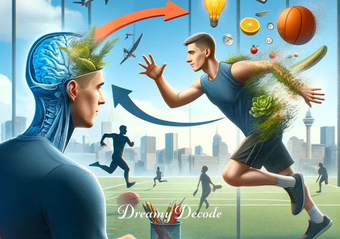 body swap dream meaning _ An image showing one of the swapped individuals learning to navigate their new life, engaging in activities like sports or work, that are unfamiliar to them. This represents the adaptation phase in a body swap dream scenario.