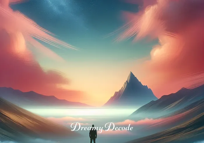 dead body dream meaning _ A person stands in a peaceful, dreamlike landscape, gazing at a distant mountain. The sky is a soft blend of pinks and oranges, suggesting dawn or dusk. This scene represents the beginning of a journey to understand the meaning behind dreams involving deceased individuals, symbolizing introspection and the start of a mental exploration.