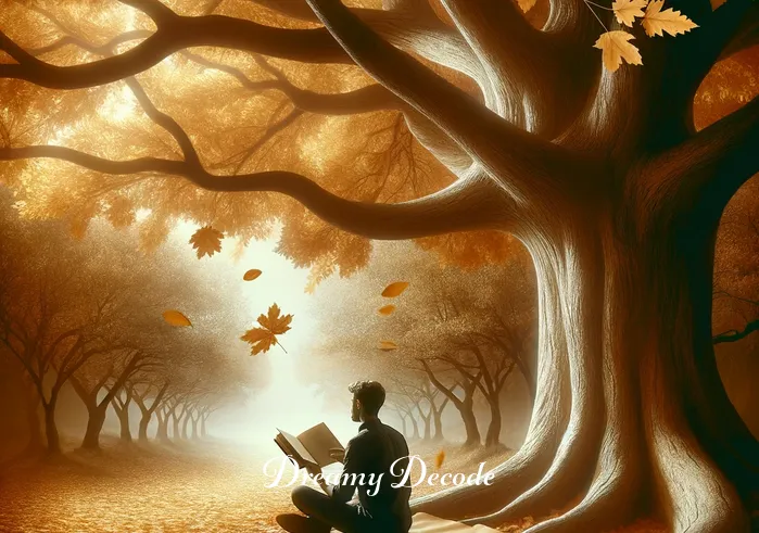 dead body dream meaning _ The same person is now sitting under a large, ancient tree, surrounded by gently falling autumn leaves. They hold an open book, symbolizing the search for knowledge and understanding about dreams involving the departed. The serene environment suggests a deep and thoughtful exploration.