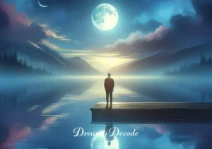 dead body dream meaning _ Finally, the person reaches a calm lake at twilight, reflecting the completion of their journey. They stand contemplatively at the water’s edge, looking at the reflection of the moon on the water. This scene symbolizes finding peace and understanding in the interpretation of dreams about the deceased, suggesting a resolution and acceptance.