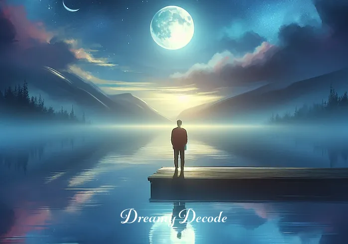 dead body dream meaning _ Finally, the person reaches a calm lake at twilight, reflecting the completion of their journey. They stand contemplatively at the water’s edge, looking at the reflection of the moon on the water. This scene symbolizes finding peace and understanding in the interpretation of dreams about the deceased, suggesting a resolution and acceptance.