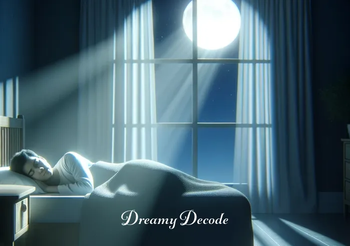 dead body in dream meaning _ A person asleep in a serene bedroom, the moon casting a gentle glow through the window. The dreamer