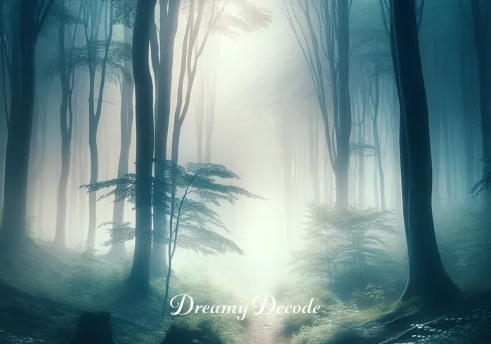 dead body in dream meaning _ In the dream, a misty forest appears, with a path leading through it. Ethereal light filters through the trees, creating a surreal, tranquil atmosphere. The path hints at exploration or a journey in the dream.