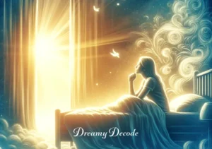 dead body in dream meaning _ The final scene depicts the dreamer awakening, sitting up in bed with a thoughtful expression. Sunlight streams into the room, symbolizing new understanding or enlightenment gained from the dream experience.