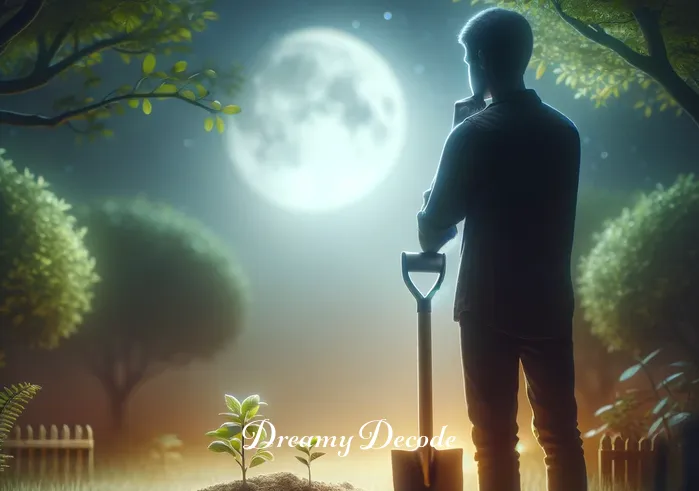 dream meaning burying body _ A person standing in a peaceful, moonlit garden, holding a small, ornamental shovel. They appear contemplative, gazing at a patch of soft earth, symbolizing the beginning of a metaphorical journey of burying something significant in a dream.