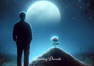 dream meaning burying body _ The final scene shows the person standing back, looking at the small mound of earth with a sense of peace. A single flower blooms on the spot, symbolizing growth and transformation following the act of metaphorical burial in their dream.