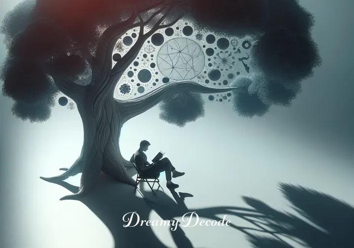 dream meaning dead body _ The same person now sitting under a large, ancient tree, holding an open book about dream interpretation. The shadow of the tree forms shapes reminiscent of peaceful rest, and the person appears more relaxed and introspective.