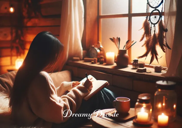 dream meaning dead body _ The scene shifts to a cozy indoor setting with the person jotting down notes in a journal, surrounded by soft lighting. A dream catcher hangs by the window, and the room is filled with comforting, warm tones.