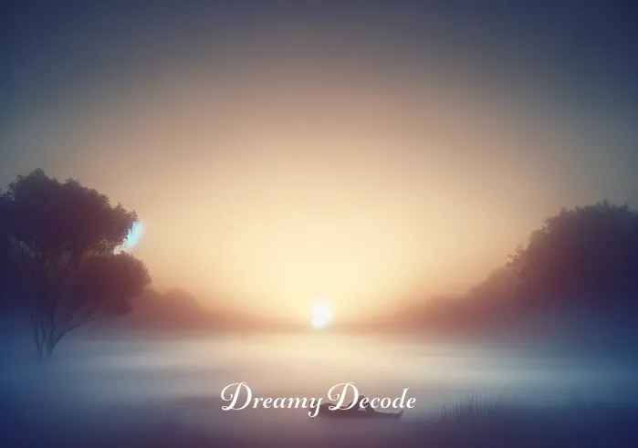 dream of dead body meaning _ A serene, misty landscape at dawn, with a faint outline of a person lying motionless in the distance. The scene conveys a sense of calm and introspection, reflecting the theme of dreaming about a deceased individual. The dreamer, visible as a small, distant figure, stands contemplatively, symbolizing the beginning of a journey into understanding the dream