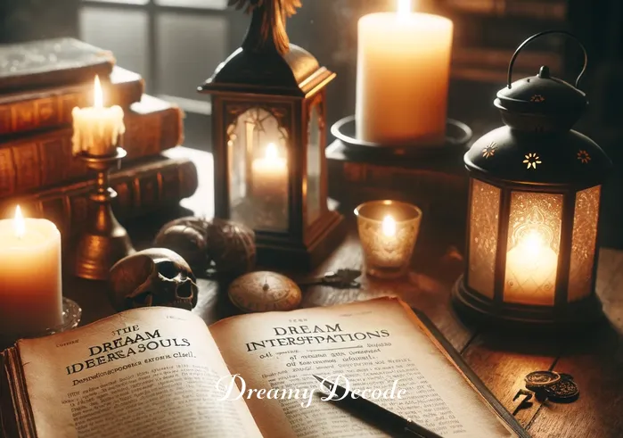 dream of dead body meaning _ A scene in a cozy, dimly lit room with an open book on dream interpretations resting on a wooden table. Soft candlelight illuminates the pages, showing texts and illustrations about dreams involving departed souls. This represents the dreamer