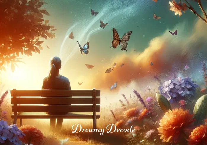 dream of dead body meaning _ An image of a peaceful garden with a bench, where the dreamer sits surrounded by blooming flowers and fluttering butterflies. The setting sun casts a warm, gentle light. This depicts the dreamer