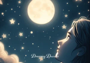 dream of dead body meaning _ A night sky with twinkling stars and a bright, comforting full moon. Below, the dreamer is seen looking upwards, a look of acceptance and peace on their face. This final scene symbolizes the dreamer's resolution and understanding of the dream, representing closure and a sense of peace with the memories of the deceased.
