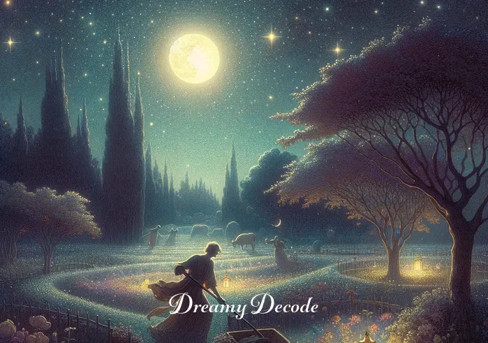 hiding dead body dream meaning _ The dreamer, now outside under a starlit sky, burying the artifact in a serene, moonlit garden. The garden is peaceful and beautiful, with flowers and trees softly swaying in the night breeze.