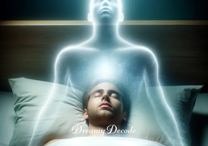 out of body dream meaning _ A person lying in bed with their eyes closed, surrounded by a soft, ethereal glow. Above them, a transparent silhouette of themselves begins to rise, symbolizing the initial stage of an out-of-body experience in a dream.