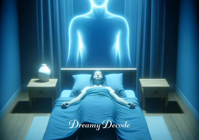 out of body dream meaning _ The transparent silhouette hovering above the bed now appears to be looking down at the sleeping body below. The room is bathed in a calm, blue light, enhancing the surreal and peaceful nature of the out-of-body dream experience.