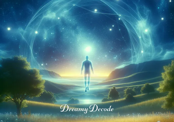 out of body dream meaning _ The scene shifts to a dreamlike landscape, where the transparent figure is now floating above a serene meadow under a starry sky. This represents the exploration phase of the out-of-body dream, where the dreamer experiences a sense of freedom and boundless exploration.