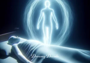 out of body dream meaning _ The final image shows the transparent figure gently descending back towards the sleeping body in the bed. The ethereal glow around them is dimming, indicating the return to the physical body and the end of the out-of-body dream experience.