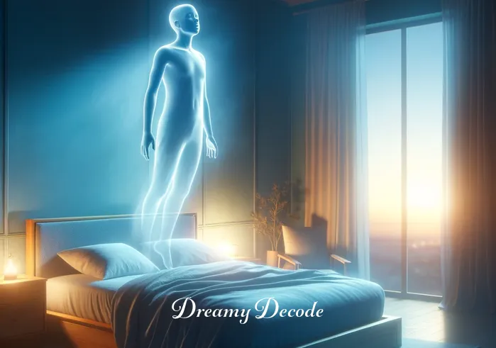 out of body experience dream meaning _ A serene bedroom at dusk with soft blue walls and a large, comfortable bed. A translucent figure, resembling the room