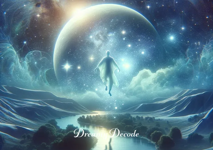 out of body experience dream meaning _ The scene transitions to a surreal dreamscape where the floating figure is now exploring an ethereal, starlit sky. Below, a serene landscape of rolling hills and a meandering river reflects the moonlight. This represents the exploration phase of the dream, where the dreamer experiences a sense of freedom and boundless exploration in their out-of-body state.