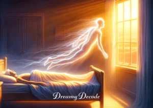 out of body experience dream meaning _ The final scene depicts the figure gently descending back towards the sleeping body, symbolizing the end of the out-of-body experience. The first light of dawn peeks through the window, casting a soft, golden glow over the room. The dreamer's journey concludes with a sense of peacefulness and a deeper connection to their inner self.