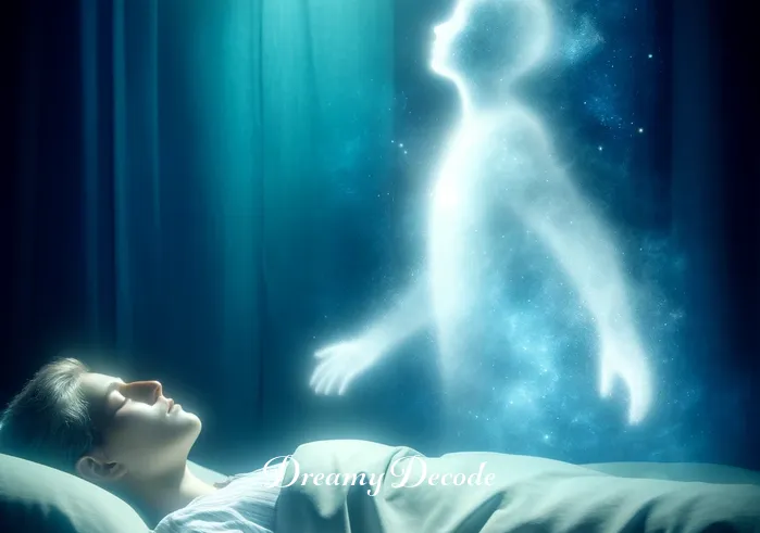 outer body experience dream meaning _ A person lying in bed with a peaceful expression, as a translucent, ghost-like version of themselves rises above their body, symbolizing the initial phase of an outer body experience in a dream. The room is dimly lit, creating a serene and mystical atmosphere.