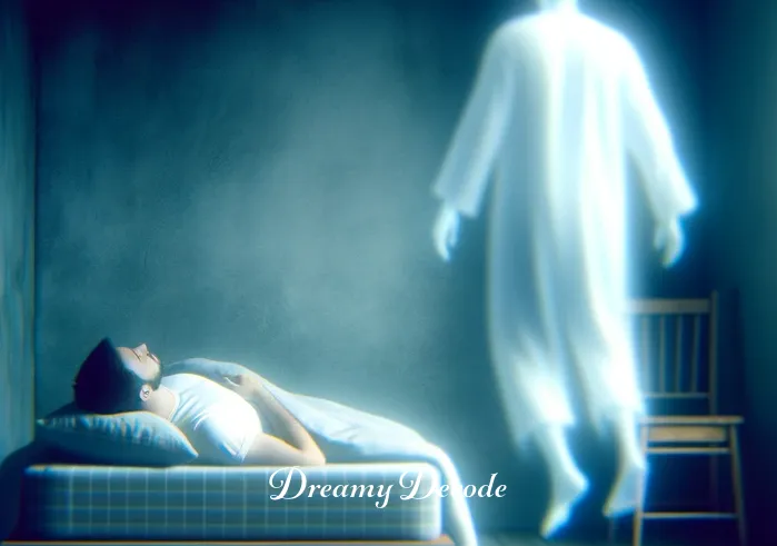 outer body experience dream meaning _ The ghost-like figure now floats near the ceiling, gazing down at their own sleeping body. The room appears slightly blurred, emphasizing the dream-like quality of the experience and the detachment from the physical self.