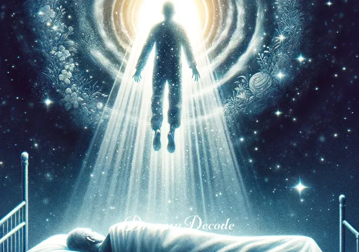outer body experience dream meaning _ The final image shows the figure gently descending back towards their sleeping body, symbolizing the end of the outer body experience. The room is brighter, signifying the approach of morning and the return to consciousness.