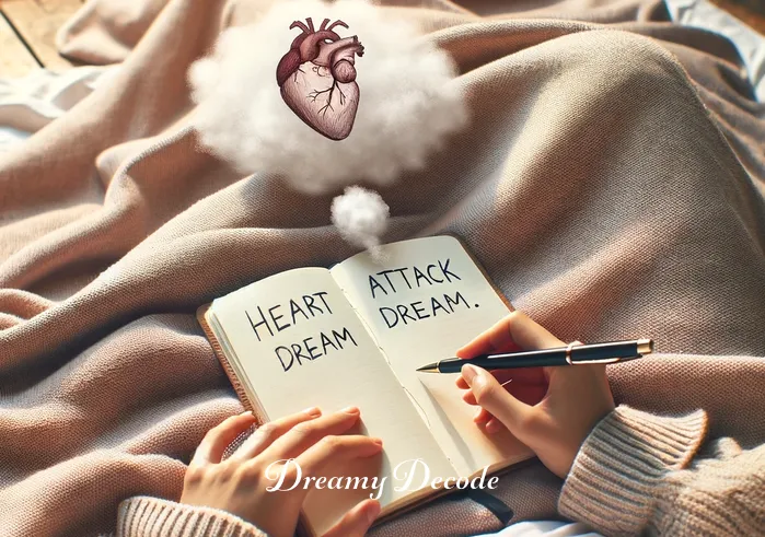 heart attack dream meaning _ In the third scene, the dreamer is in a peaceful bedroom, under a soft blanket with a journal and pen in hand. They are writing down their dream and feelings, indicating a process of personal reflection and emotional processing. This action symbolizes the importance of internalizing and making sense of the dream