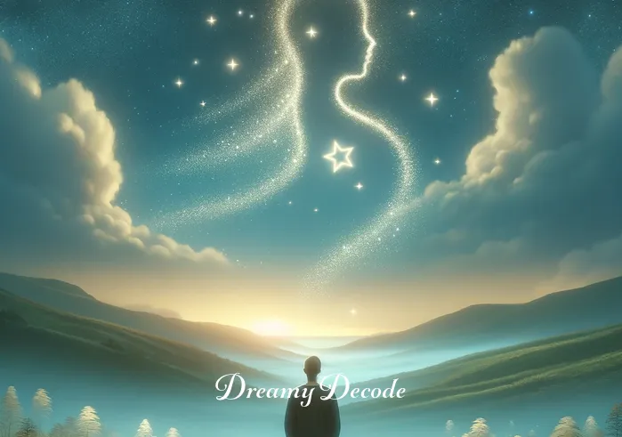seeing dead body in dream meaning _ A person standing in a tranquil meadow, gazing towards a serene sky where soft, glowing stars form the shape of a peaceful figure, symbolizing a calm acceptance of life
