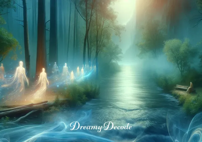 seeing dead body in dream meaning _ A dreamlike scene of a gentle river flowing through a forest, with ethereal figures made of light and mist appearing on the riverbanks, representing the flow of emotions and memories in the subconscious.