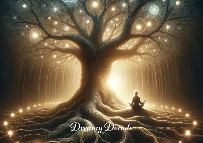 seeing dead body in dream meaning _ An image of an old, wise tree with deep roots and spreading branches, under which a person sits in contemplation, surrounded by soft, glowing orbs, suggesting reflection and understanding of life