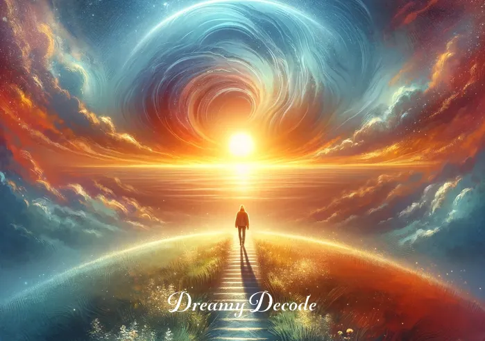 seeing dead body in dream meaning _ A depiction of a person walking on a path that leads towards a sunrise over a hill, symbolizing hope, renewal, and the journey towards understanding and acceptance after experiencing profound dreams.
