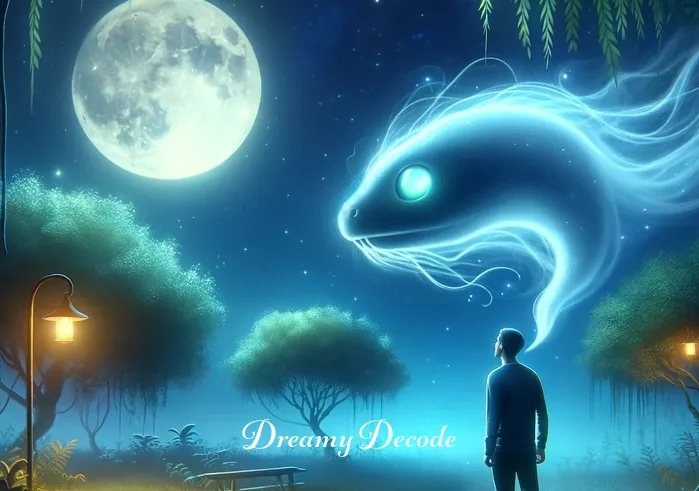 snake head without body dream meaning _ A dreamer in a peaceful, moonlit garden, looking intrigued as they see a small, ethereal snake head with glowing eyes appear, symbolizing the emergence of a new perspective or insight in their subconscious.