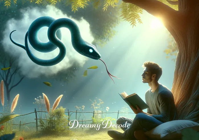 snake head without body dream meaning _ The dreamer now sitting under a tree, holding a book titled "Dream Interpretation", with the snake head hovering nearby, representing the dreamer