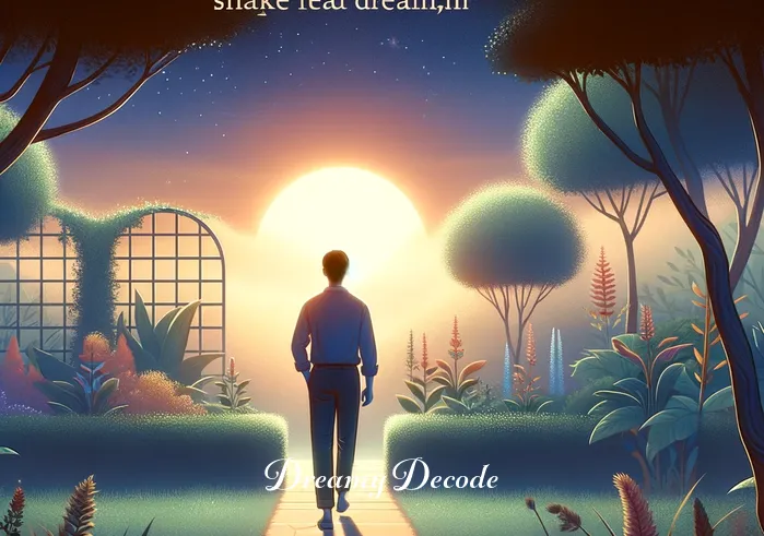 snake head without body dream meaning _ The dreamer walking out of the garden at dawn, looking content and thoughtful, indicating a resolution and peace with the insights gained from interpreting the snake head dream, symbolizing personal growth and self-awareness.