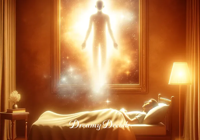 soul leaving body dream meaning _ The soul, now fully separated from the body, is depicted hovering near the ceiling, looking down at the sleeping figure. The room is filled with a warm, comforting glow, symbolizing enlightenment and understanding in the dream.