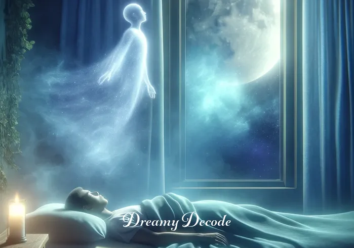 spirit entering body dream meaning _ A serene dreamscape, with a glowing, ethereal figure gently floating above a sleeping person, symbolizing the initial contact of a spirit with the physical body. The environment is tranquil, with soft moonlight filtering through a window, casting a peaceful glow on the scene.